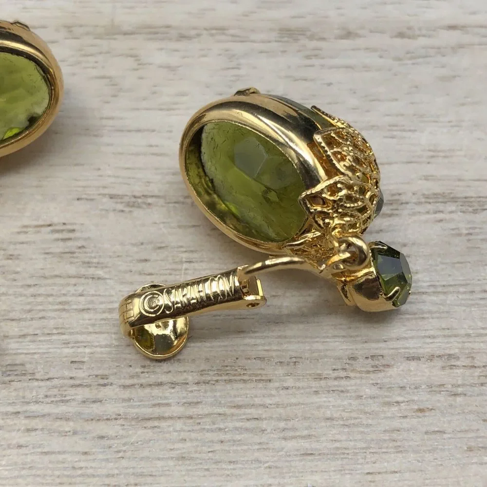 Vintage Sarah Coventry Earrings TOUCH OF ELEGANCE 7326 Green Rhinestone Clip On‎